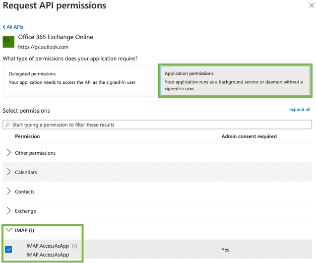 Microsoft Azure find IMAP.AccessAsApp Application permission