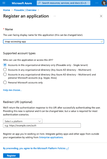 Microsoft Azure create app registration